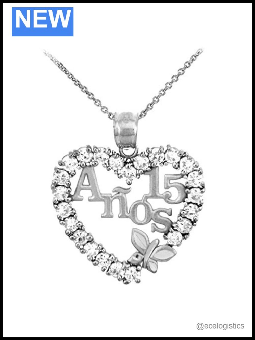Sterling Silver Quinceanera Necklace Cubic Zirconia Heart Butterfly 22in